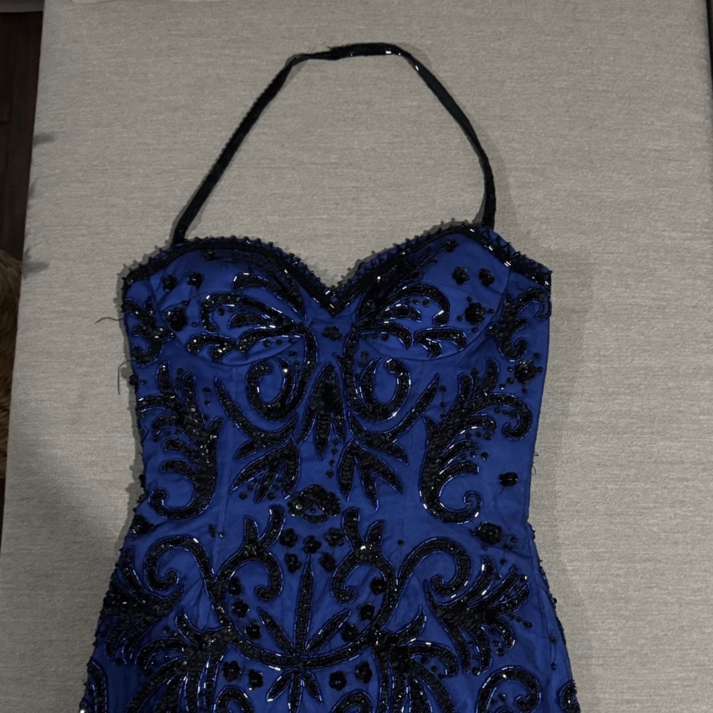 Niteline Vintage Elegant Blue and Black Halter Dress 100% Silk shell